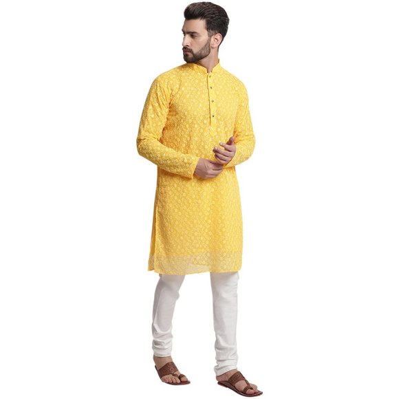 Men Yellow Color Georgette Chikankari Kurta Pyjama Set for Partywear & Wedding - Picture 4 of 7